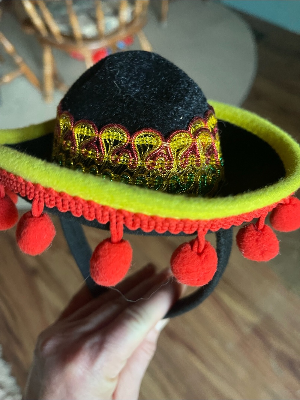 Source Unknown Black Mini Sombrero Dog Hat with Red Pom-Poms & Yellow Trim